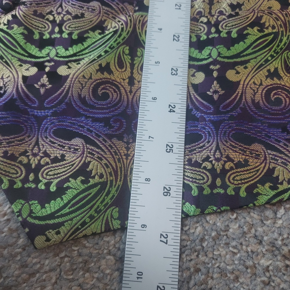 Barry Wang Mens Purple Green Paisley Silk Vest Tie Pocket Square Set Large - Picture 5 of 9